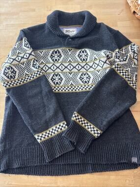 Mexx dark grey/white fair isle patterned sweater with a shawl collar XL